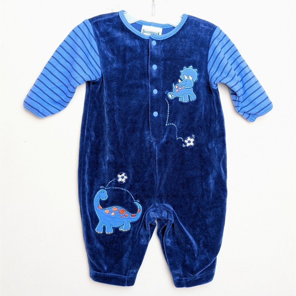 Vintage‎ Buster Brown Dinosaur Soccer 90s Velour One Piece Romper 9-12 Months